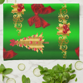 Kerstdecorpties op groen theedoek