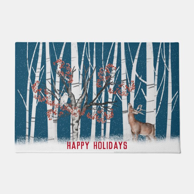 Kerstdeer en Snowy Owl Doormat Deurmat (Voorkant)