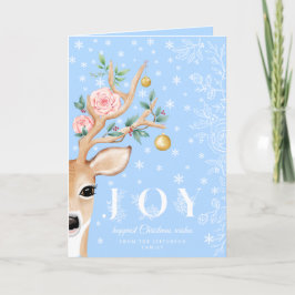 Kerstdeer Joy Holly Floral Antlers Sneeuwfoto Feestdagen Kaart