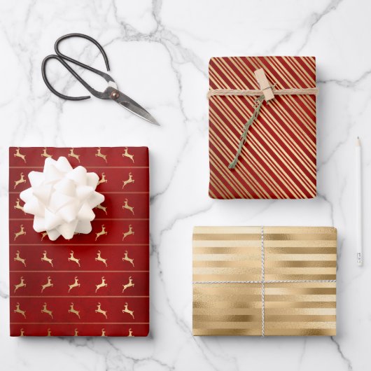 Kerstdeer Stripes Patronen Red Gold Inpakpapier Vel (Voorkant)