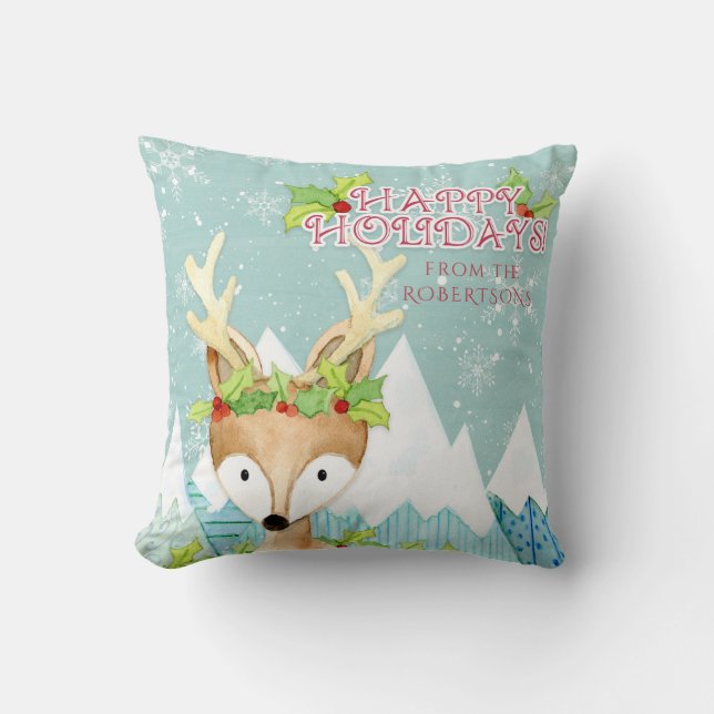 Kerstdeer Winter Snow Cute Schattig Holly Kussen (Voorkant)