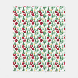 Kerstdeken met bomen en rode poinsettia fleece deken
