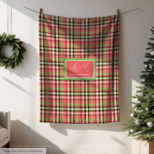Kerstdeken met klassiek tartanaccent en monogram fleece deken