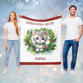 Kerstdeken voor kinderen met kitten en naam fleece deken