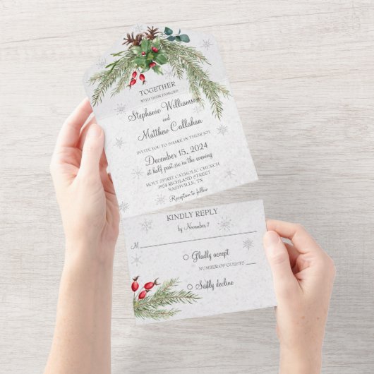 Kerstden en sneeuwvlokken all in one uitnodiging (Afscheurbaar)