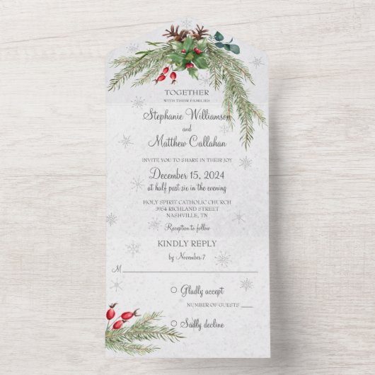 Kerstden en sneeuwvlokken all in one uitnodiging (Binnen)