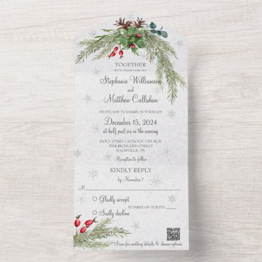 Kerstden en sneeuwvlokken met QR-code All In One Uitnodiging (Binnen)