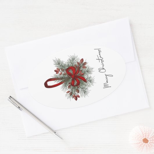 Kerstden met rode boog ovale sticker (Envelop)