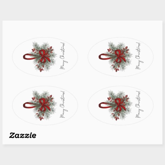 Kerstden met rode boog ovale sticker (Vel)