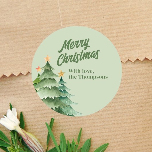 Kerstdennen Groen Waterverf Aangepast Ronde Sticker