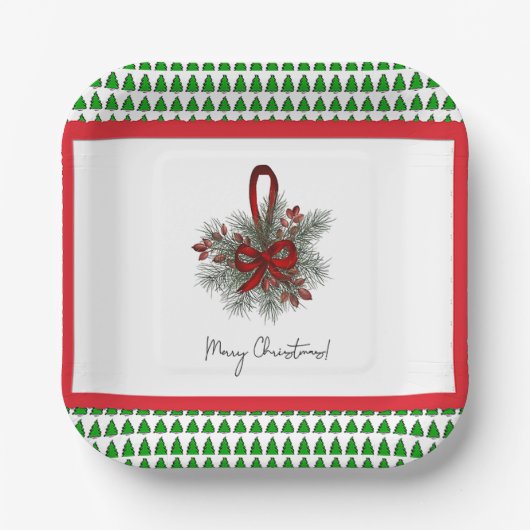 Kerstdennen & Rode Lint met Boomrand Papieren Bord (Voorkant)