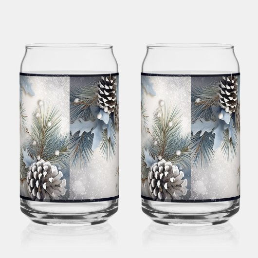 Kerstdennenappels Holly Pine Branch Snow Blikvorm Glas (Links)