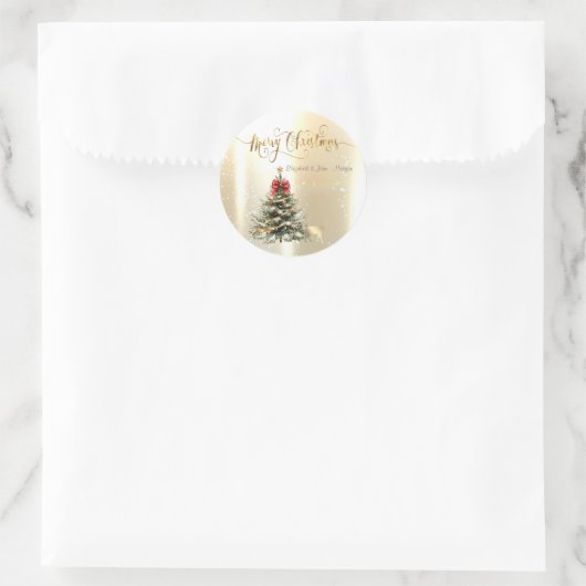 Kerstdennenboom, kerstgouden rendier ronde sticker (Tas)