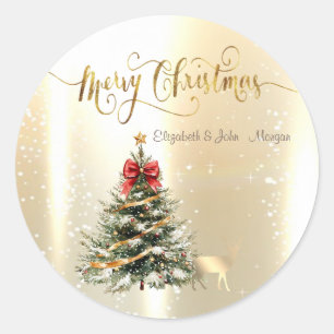 Kerstdennenboom, kerstgouden rendier ronde sticker