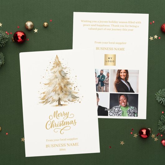 Kerstdennenboom sneeuw beige foto bedrijf feestdagenkaart