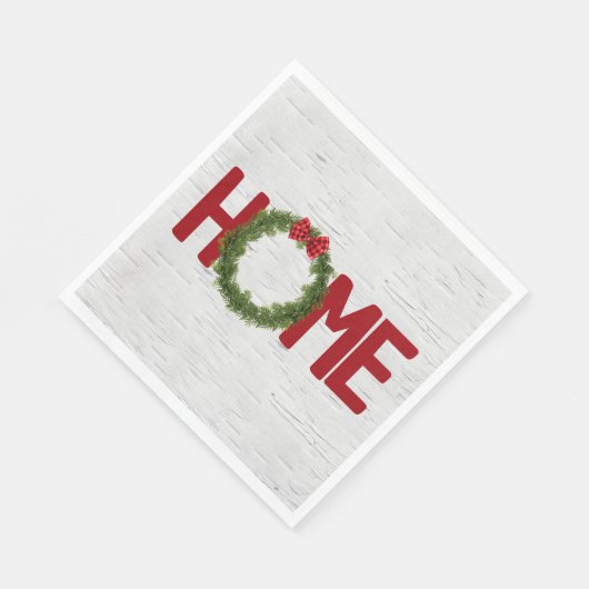 Kerstdennenkrans en huistekst op berk servet (Hoek)