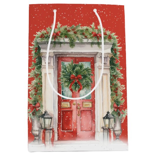 Kerstdeur met sneeuwvlokken medium cadeauzakje (Voorkant)