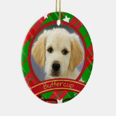 Kerstdichter Dog Foto Groen Rood, aangepast Keramisch Ornament (Rechts)