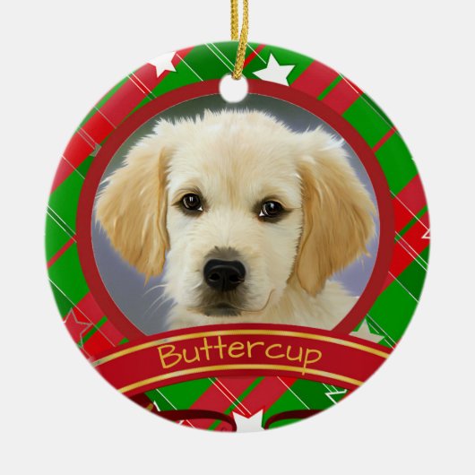 Kerstdichter Dog Foto Groen Rood, aangepast Keramisch Ornament (Voorkant)