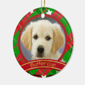 Kerstdichter Dog Foto Groen Rood, aangepast Keramisch Ornament (Links)
