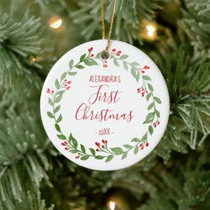 Kerstdienst Eerste Kerst Foto Krans Rood Keramisch Ornament