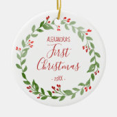 Kerstdienst Eerste Kerst Foto Krans Rood Keramisch Ornament (Voorkant)