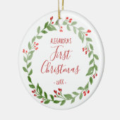 Kerstdienst Eerste Kerst Foto Krans Rood Keramisch Ornament (Links)