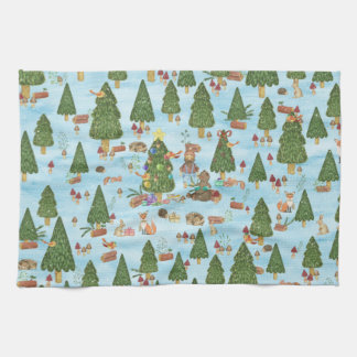 Kerstdieren en Lumberjack in het winterbos Theedoek