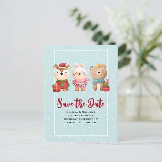 Kerstdieren in feestgestel sparen de datum uitnodiging briefkaart (Staand voorkant)