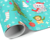 Kerstdieren in kobalt Blauwgroen Cadeaupapier (Rol Hoek)