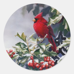 kerstdinaal vogel op Holly Berries Ronde Sticker