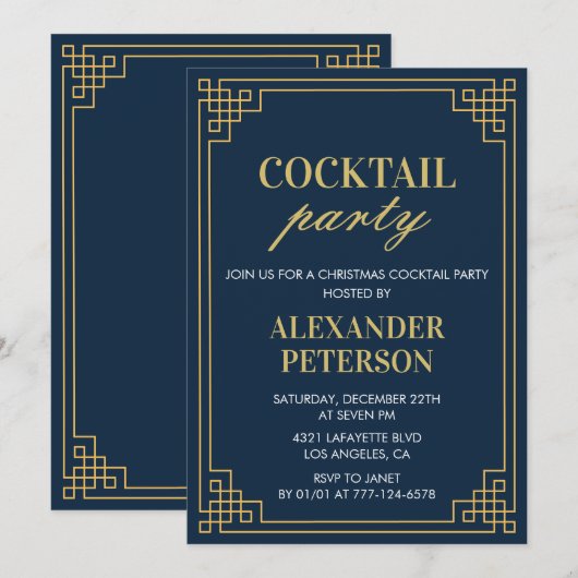 Kerstdiner Cocktail Party Navy Gold Kaart (Voorkant / Achterkant)