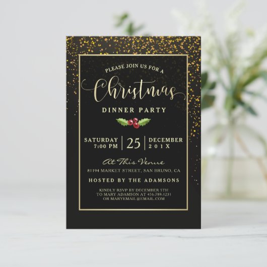 kerstdiner | Douches van gouden Confetti Kaart (Staand voorkant)