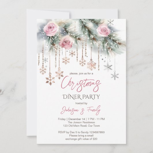 Kerstdiner feest pastel roze rose goud kaart (Voorkant)