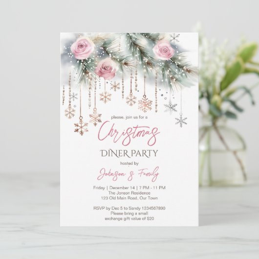 Kerstdiner feest pastel roze rose goud kaart (Staand voorkant)