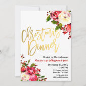 KERSTDINER Goud Modern Script Bloemen Bessen Kaart (Voorkant)