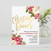 KERSTDINER Goud Modern Script Bloemen Bessen Kaart (Staand voorkant)