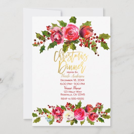 Kerstdiner Holiday Party Holly Berry Floral Kaart (Voorkant)