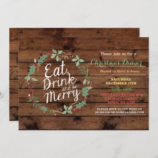 Kerstdiner Hout Eet Drink & Wees vrolijk Nodig Kaart (Voorkant / Achterkant)