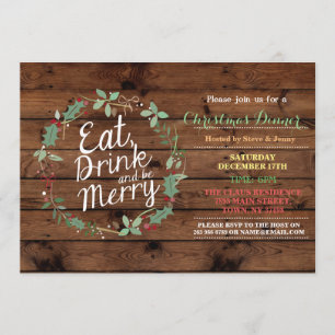 Kerstdiner Hout Eet Drink & Wees vrolijk Nodig Kaart
