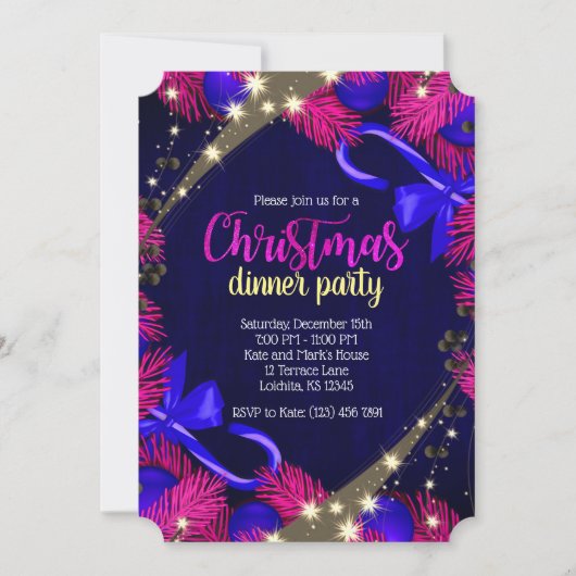 Kerstdiner Paarse & Blauw Feestticket Uitnodigen Kaart (Voorkant)