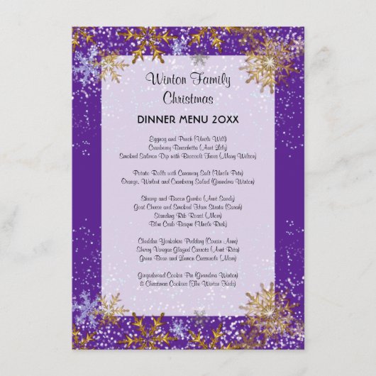 Kerstdiner Paarse Menu Sneeuwkristallen (Voorkant)