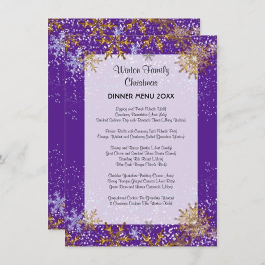 Kerstdiner Paarse Menu Sneeuwkristallen (Voorkant / Achterkant)