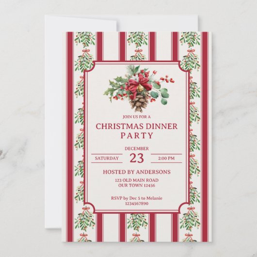 Kerstdiner partij rode retro strepen dennenboog kaart (Voorkant)