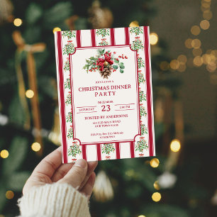 Kerstdiner partij rode retro strepen dennenboog kaart
