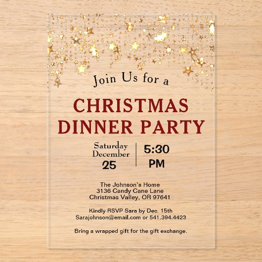 Kerstdiner Party Gold Stars Acryl Uitnodigingen (Voorkant)