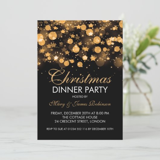 Kerstdiner Party Gouden Mousserende Sterren Kaart (Staand voorkant)