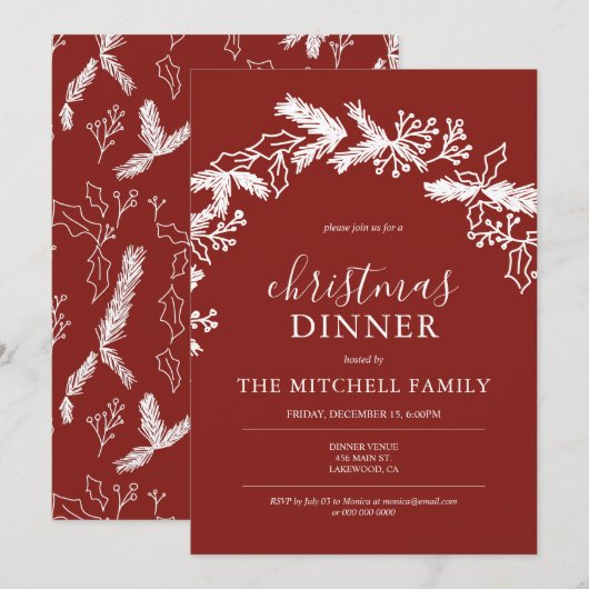 Kerstdiner Pine Berry Wreated Red Kaart (Voorkant / Achterkant)