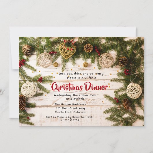 kerstdiner Rustic Pine Floral Kaart (Voorkant)