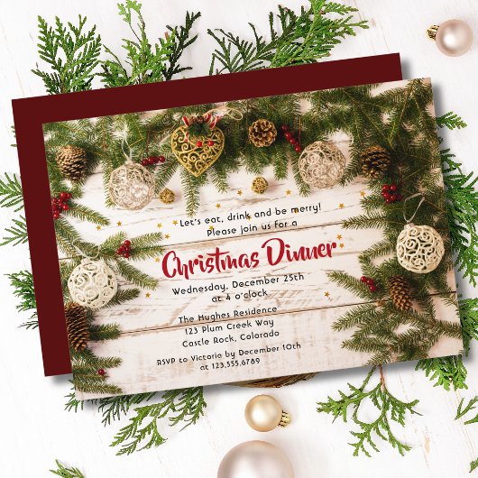 kerstdiner Rustic Pine Floral Kaart